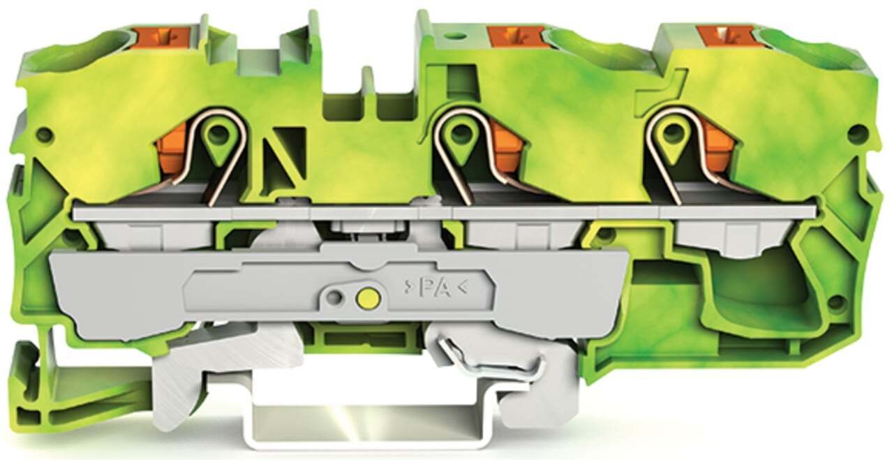 3-conductor ground terminal block; with push-button; 10 mm; with test port; side and center marking; for DIN-rail 35 x 15 and 35 x 7.5; Push-in CAGE CLAMP; 10,00 mm; green-yellow