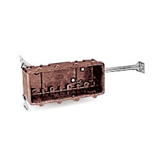 Four-Gang Bracket Outlet Box, Volume 48 Cubic Inches, Length 3-5/16 Inches, Width 7-5/8 Inches, Depth 2-5/8 Inches, Color Brown, Material Phenolic, Mounting Means Side Bracket and Stabilizing Bar, with High Clamps