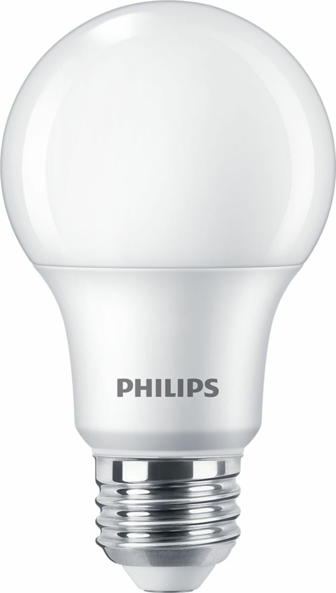 Attractive, dimmable LED alternative to popular incandescents. Long life properties-- lowers maintenance costs by reducing re-lamp frequency;Will not fade colors, avoids inventory spoilage;Contains no mercury;Emits virtually no UV/IR light in the beam;3-year or 5-year limited warranty depending upon operating hours;80% more Energy Efficient when compared to traditional incandescent bulbs.;Selection of ENERGY STAR qualified models Philips A-Shape Dimmable LED Lamps are the smart LED Alternative to standard incandescent. The unique lamp design provides omni-directional light with excellent dimming performance. Smooth dimming to 10% of full light levels*;Remote phosphor (yellow) disappears when energized to create even, soft white light;25,000-hour rated average life<sup>+</sup>;Instant-on light;<sup>+</sup>Rated average life based on engineering testing and probability analysis.;Selection of durable plastic housings or classic glass housings;<sup>* </sup>Dimmable when using leading edge dimmers (see Philips Website: www.philips.com/ledtechguide for compatible leading edge dimmers). Ideal for decorative and ambient lighting in retail outlets, hotels, restaurants, multi-unit residences and government buildings.