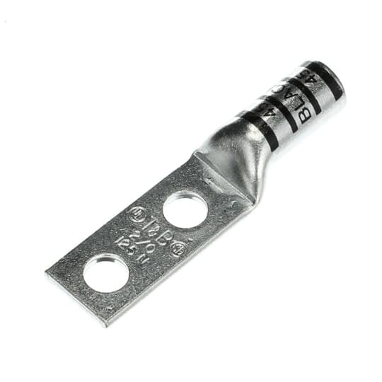 Copper Two-Hole Lug, Long Barrel, Blind End, Max 35kV, Wire Size 2/0 AWG, 3/8 Inch Bolt Size, 1 Inch Hole Spacing, Tin Plated, Die Color Code Black, Die Code 45