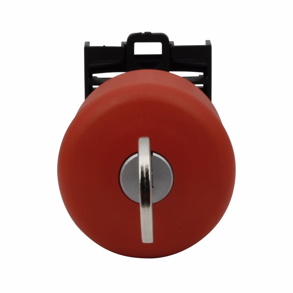 Eaton M22 Key Release Emergency Stop, Complete Device, 22.5 mm, Knob, Maintained, Non-illuminated, Bezel: Silver, Button: Red, 1NC, IP67, IP69K, NEMA 4X, 13
