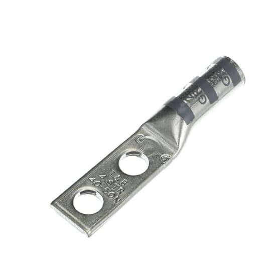 Copper Two-Hole Lug, Long Barrel, Blind End, Max 35kV, Wire Size #4 AWG, 1/4 Inch Bolt Size, 5/8 Inch Hole Spacing, Tin Plated, Die Code 29, Die Color Code Gray