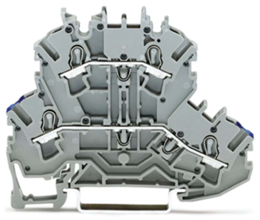 Double-deck terminal block; Through/through terminal block; N/L; without marker carrier; suitable for Ex e II applications; Blue conductor entry lower deck; for DIN-rail 35 x 15 and 35 x 7.5; 2.5 mm; Push-in CAGE CLAMP; 2,50 mm; gray