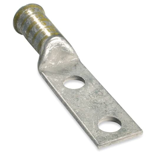 Copper Two-Hole Lug, Long Barrel -Bell Shaped End, Blind End, Max 35KV, Wire Size 250 kcmil, 3/8 Inch Bolt Size, 1 Inch Hole Spacing, Tin Plated, Die Code 62, Die Color Code Yellow