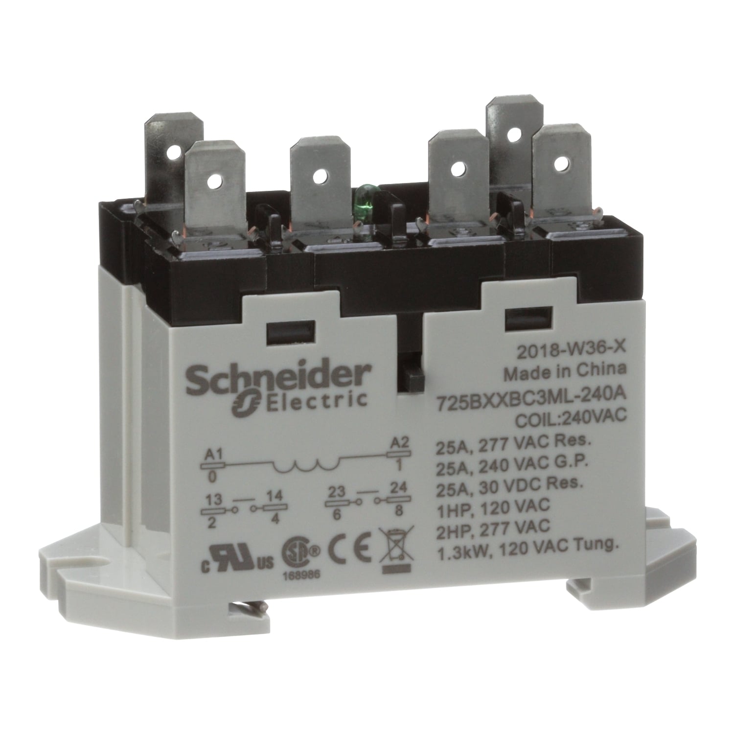 Power relay, SE Relays, 25A, 2NO, 240VAC, LED push button, blade terminals, DIN or panel mount