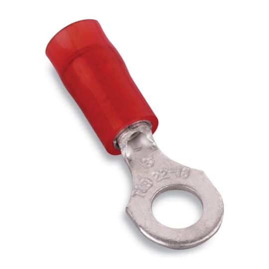 Nylon Insulated Ring Terminal, Length .89 Inch, Width .31 Inch, Maximum Insulation .136 Inch, Bolt Hole #8, Wire Range #22-#16 AWG, Color Red, Copper, Tin Plated, 1,000 Pack