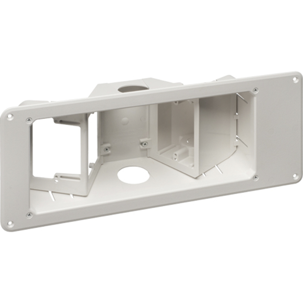 Plastic recessed TV BOX with two angled opening for new or old construction. Combo box for power and low voltage. paintable trim plate.