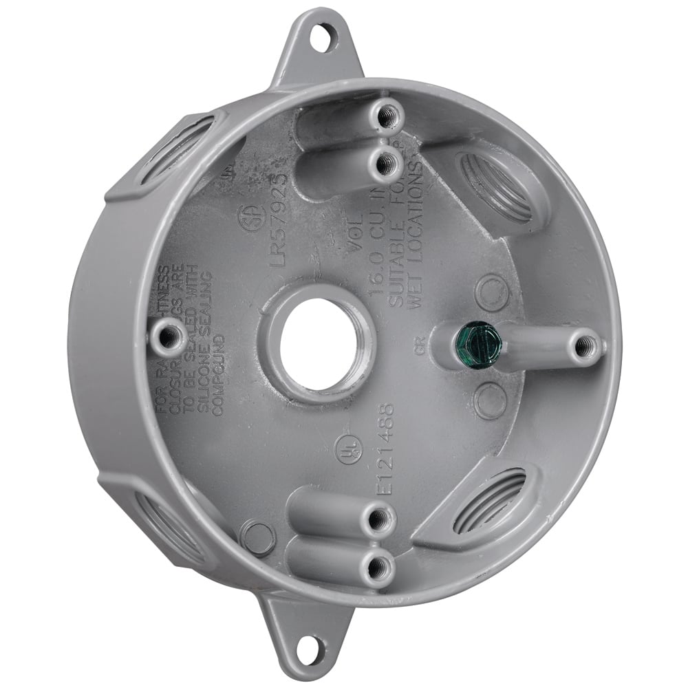 Weatherproof 4 Die Cast Aluminum Box, 5 Hole 1/2, 16.1 Cu.In., 4 Plugs Furnished, Gray