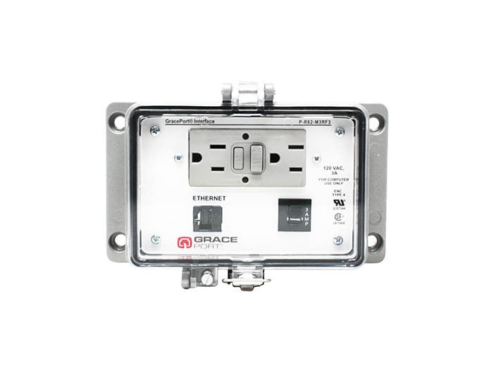 PANEL INTERFACE CONNECTOR WITH ETHERNET SWITCH, CATEGORY 5E RJ45, PANEL MOUNT HOUSING, UL TYPE 4X, GFCI DUPLEX INSIDE-OUTLET, NO CIRCUIT BREAKER