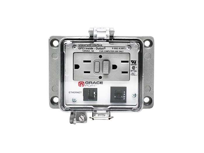 PANEL INTERFACE CONNECTOR WITH CAT 6 RJ45, PANEL MOUNT HOUSING, UL TYPE 4, UNIVERSAL INTERNATIONAL OUTLET, 3 AMP CB