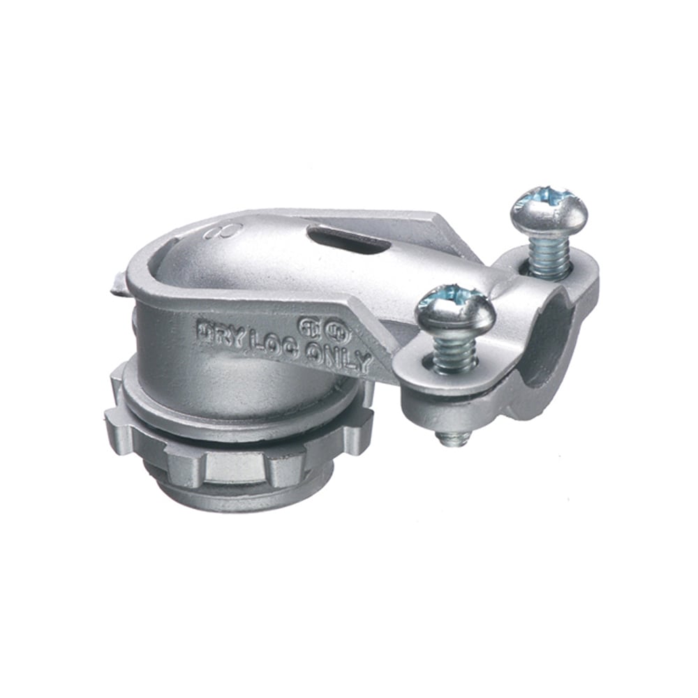 Zinc die-cast, 90 degree 2 screw flex connector for aluminum and steel Flex. Provides smaller cable range for MCI cable. Secures into a 1/2" Knockout with a diecast locknut. Accommodates cable range .440 to .750.