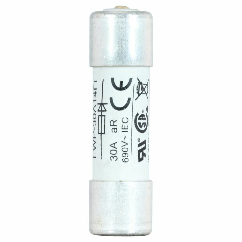 Eaton Bussmann series FWP high speed fuse, 690 Vac (IEC), 700 Vac (UL), 600 Vdc (UL), 30A, 200 kAIC at 700 Vac, 50 kAIC at 600 Vdc, With Indicator, High speed fuse, Ferrule end X ferrule end, Class aR, White, Ceremic