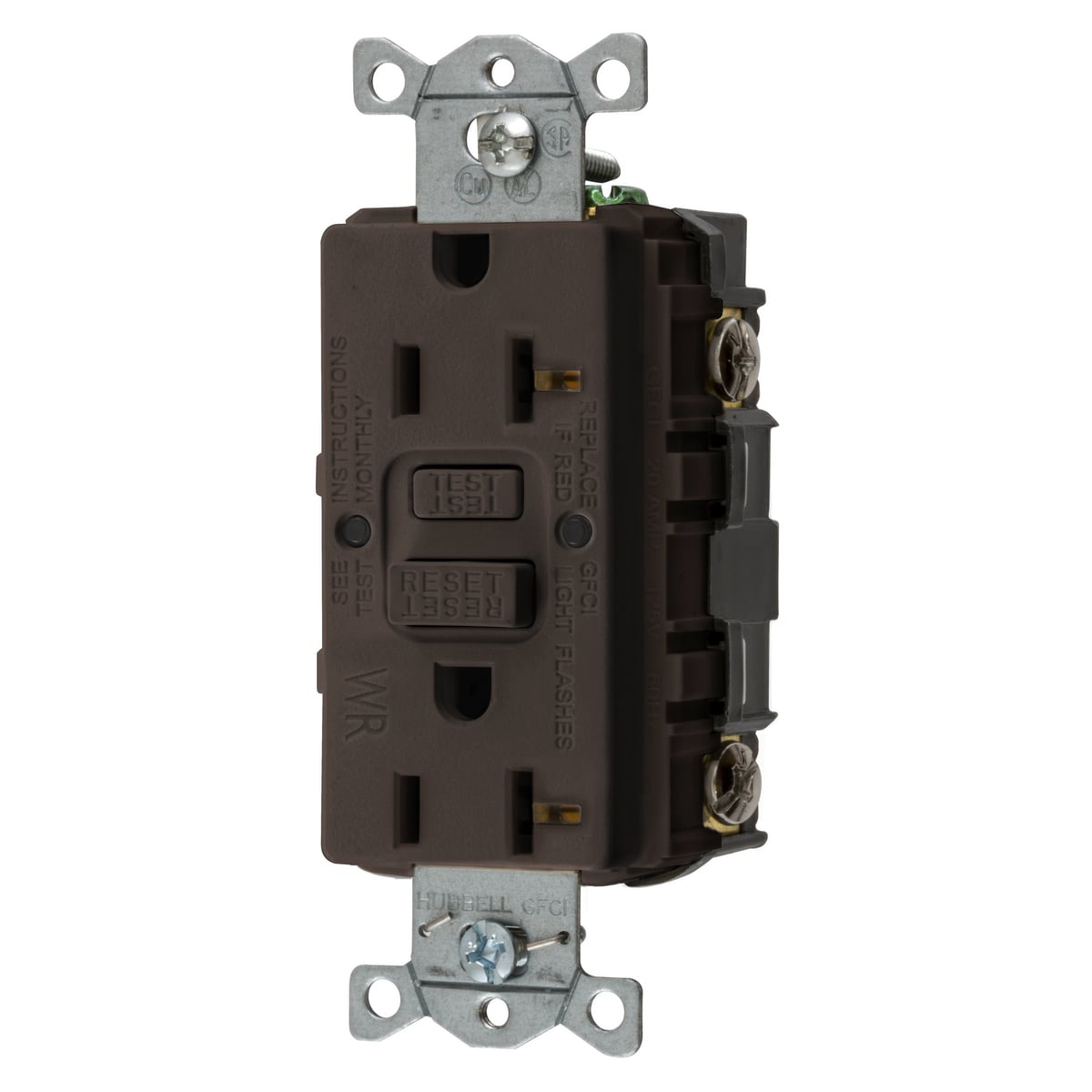 Power Protection Devices, Receptacle, Self Test, GFCI, WR, Commercial Grade, 20A 125V, 2-Pole 3-Wire Grounding, 5-20R, Brown