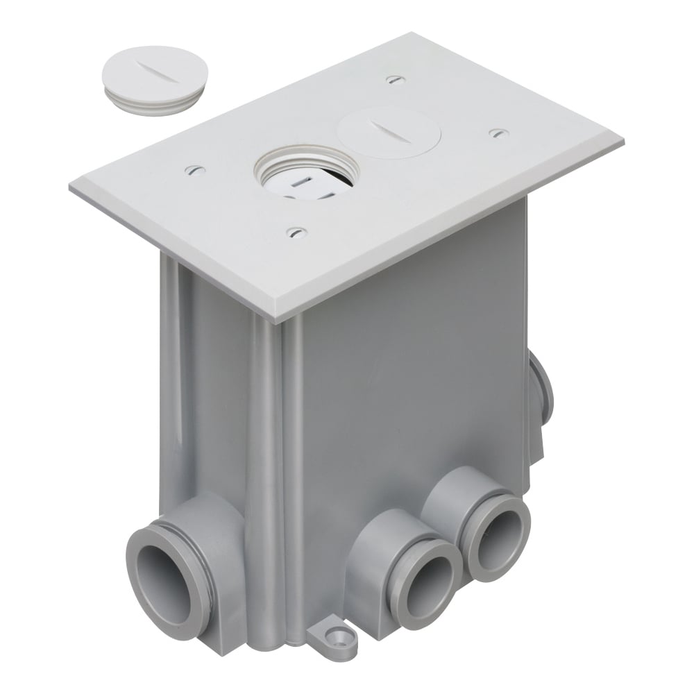 Non Metallic concrete floor box with non metallic covers for new concrete pours. White with Threaded plugs. Includes Box, Mud Cover, Four 3-1/4 plugs, two 1" plugs, 1/8" spacer 1/4" spacer. one 1/2" spacer, one 3/4" spacer, Mounting bracket, Duplex receptacle, Gasketed cover plate.