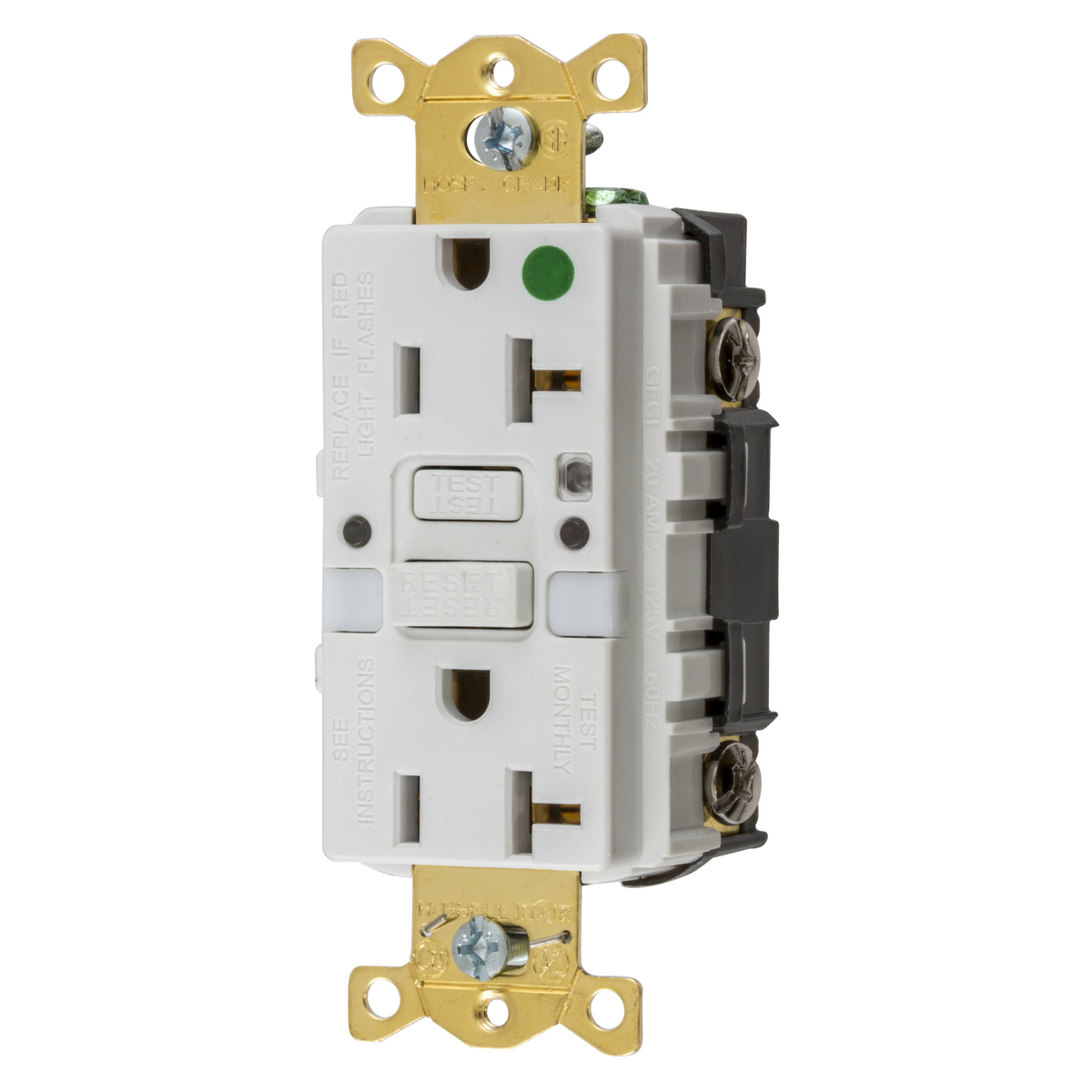 Straight Blade Devices, Receptacle, GFCI, Commercial Hospital Grade, Self Test, 20A 125V, 2-Pole 3-Wire Grounding, 5-20R, White, With Night Light