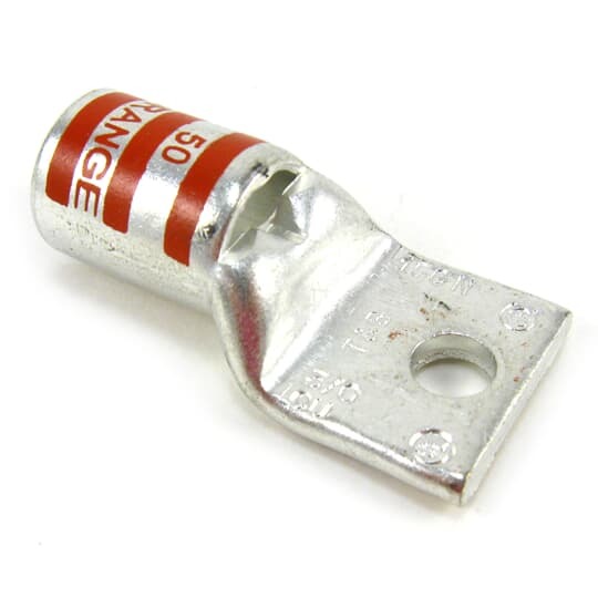 Copper One-Hole Lug, Standard Barrel, Peep Hole, Max 35kV, Wire Size 3/0 AWG, 3/8 Inch Bolt Size, Tin Plated, Die Code 50, Die Color Code Orange