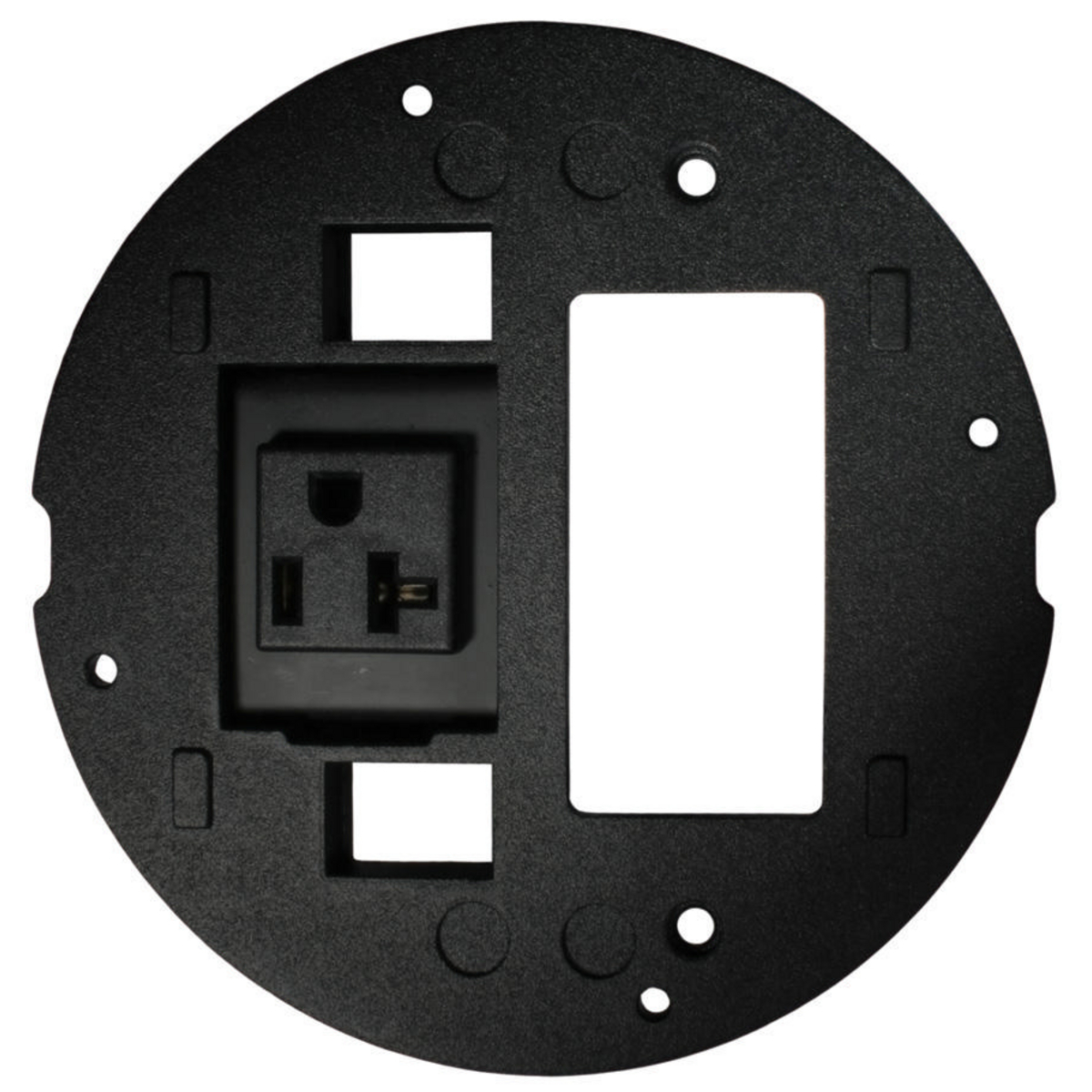 In-Floor Delivery Systems, SystemOne, Sub-Plate, (2) Hubbell Flush Keystone Openings and (1) StyleLine Decorator Data Opening, Single 20A, 125V Receptacle, Black