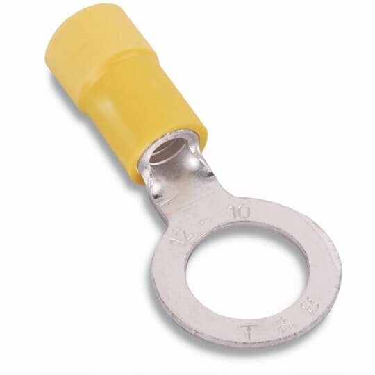 Expanded Vinyl Insulated Ring Terminal, Length 1.06 Inches, Width .31 Inches, Maximum Insulation .250, Bolt Hole #8, Wire Range #12-#10 AWG, Color Yellow, Copper, Tin Plated, 500 Pack