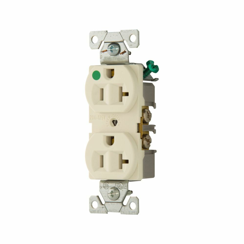 Eaton Arrow Hart heavy-duty hospital grade duplex receptacle, #14-10 AWG, 20A, Healthcare, Flush, 125V, Back and side, Light almond, Brass, High-impact nylon face, PVC base, 5-20R, Duplex, Screw, Nylon, PVC