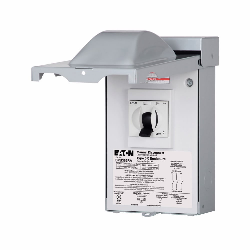 Eaton air conditioning disconnect, Three-phase switch, 60A, 240/480V, 10 kAIC, #14-4 Cu/Al 60?C or 75?C, NEMA 3R Galvanized Steel enclosure, 15 hp at 240V, 30 hp at 480V, ANSI 61 gray