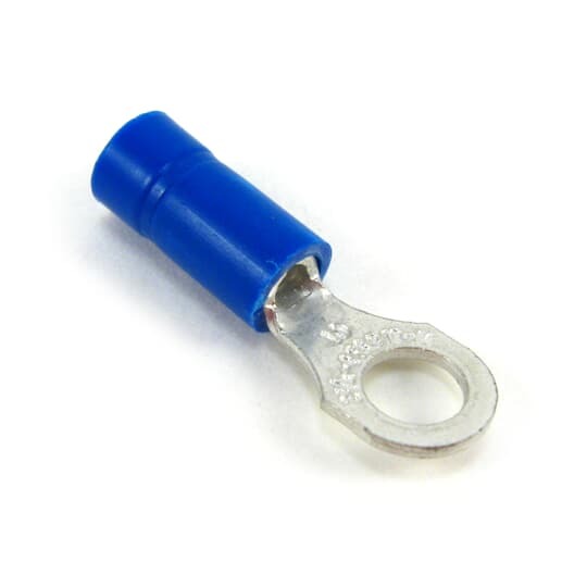 Vinyl-Insulated Ring Terminal, Length .97 Inches, Width .31 Inches, Maximum Insulation .170, Bolt Hole #6, Wire Range #18-#14 AWG, Color Blue, Copper, Tin Plated