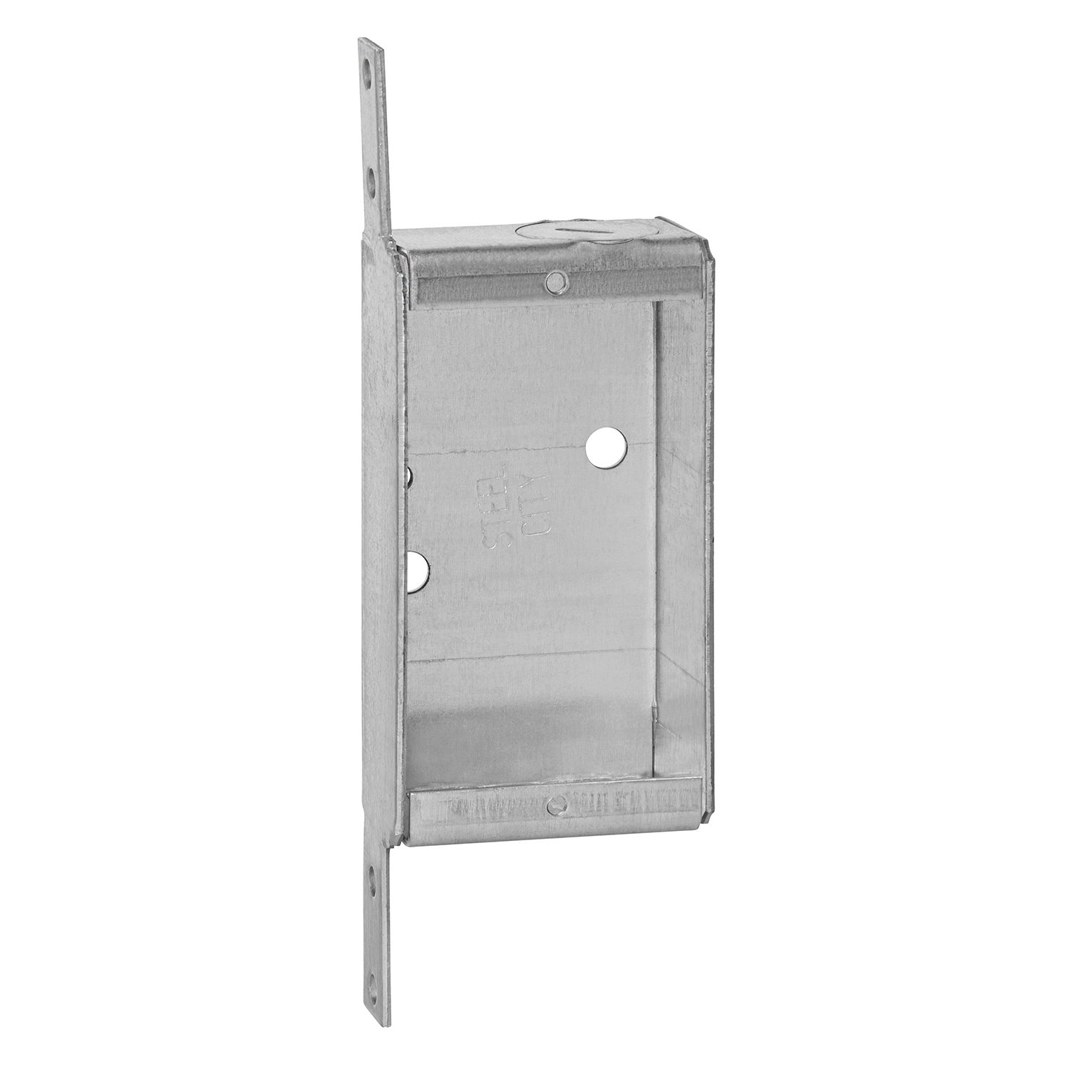 Non-Gangable Switch Box, 6.5 Cubic Inches, 3-3/4 Inch x 2 Inches x 1 Inch Deep. 2 Pry-Outs One End Knockouts, Pre-Galvanized Steel, Non-Metallic Cable Clamps (C-5) and Flat Bracket, For use with Non-Metallic Sheathed Cable