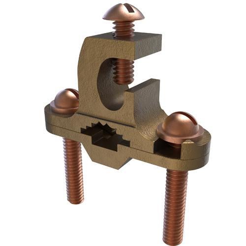 Permaground Bronze Ground Clamp, Conductor Range 2-10, Pipe Sizes 1/2 to 1in, Ground Rod Sizes 1/2 to 1in, Rebar Sizes #3-#8, Parallell Lay-in, Direct Bury