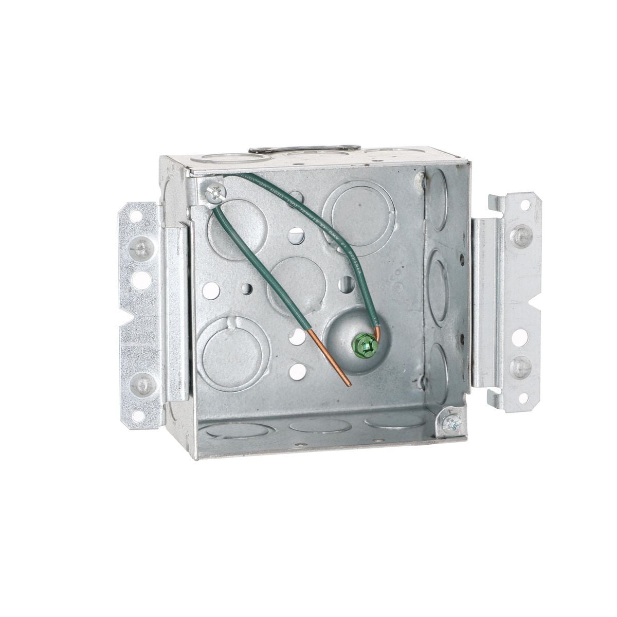 4 In. Square Bracketed Boxes, 2-1/8 In. Deep - Welded with Conduit KO's,600V, Raised Ground, 8 In. #12 Solid Copper Pigtail, UBS, HM