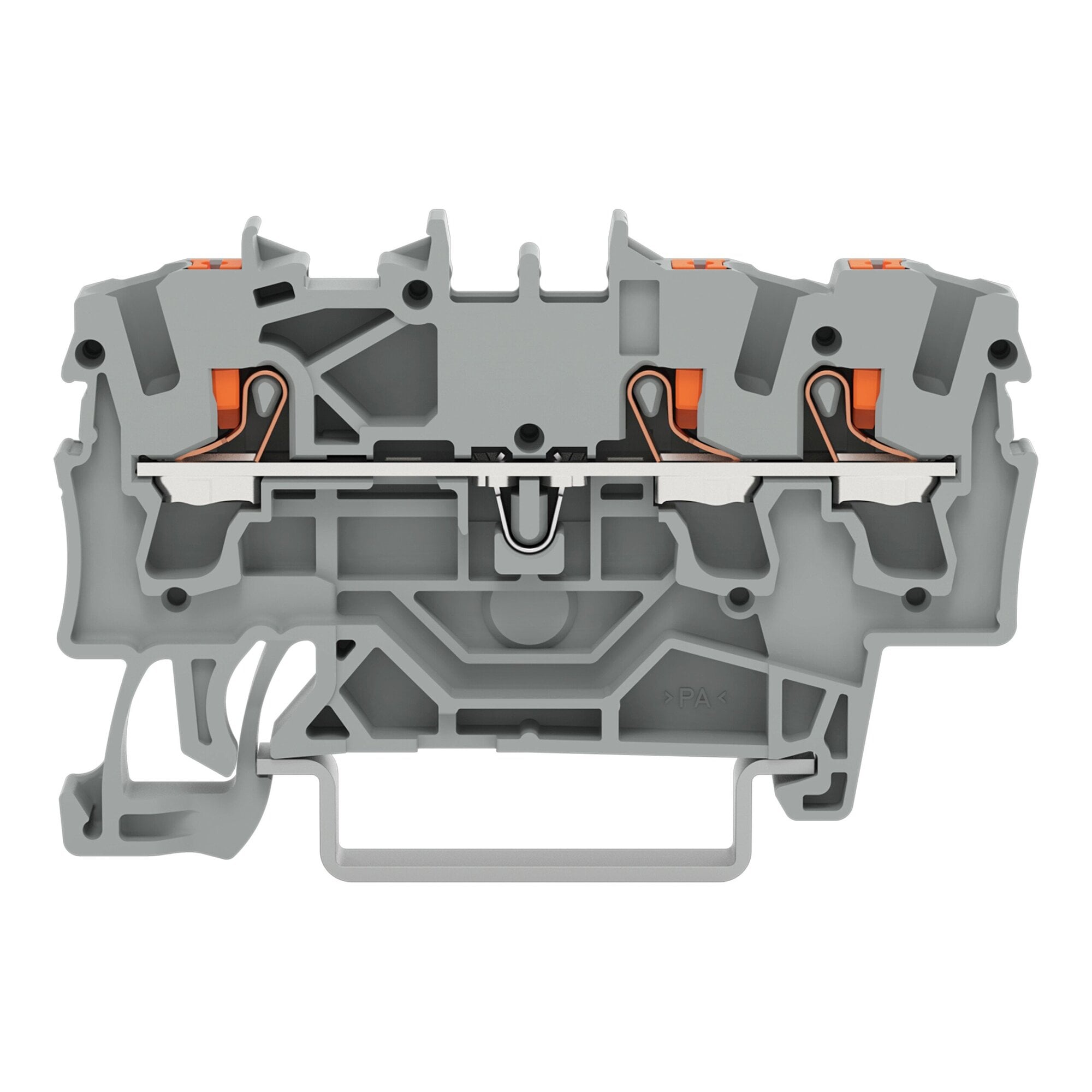 3-conductor through terminal block; with push-button; 2.5 mm; with test port; side and center marking; for DIN-rail 35 x 15 and 35 x 7.5; Push-in CAGE CLAMP; 2,50 mm; gray