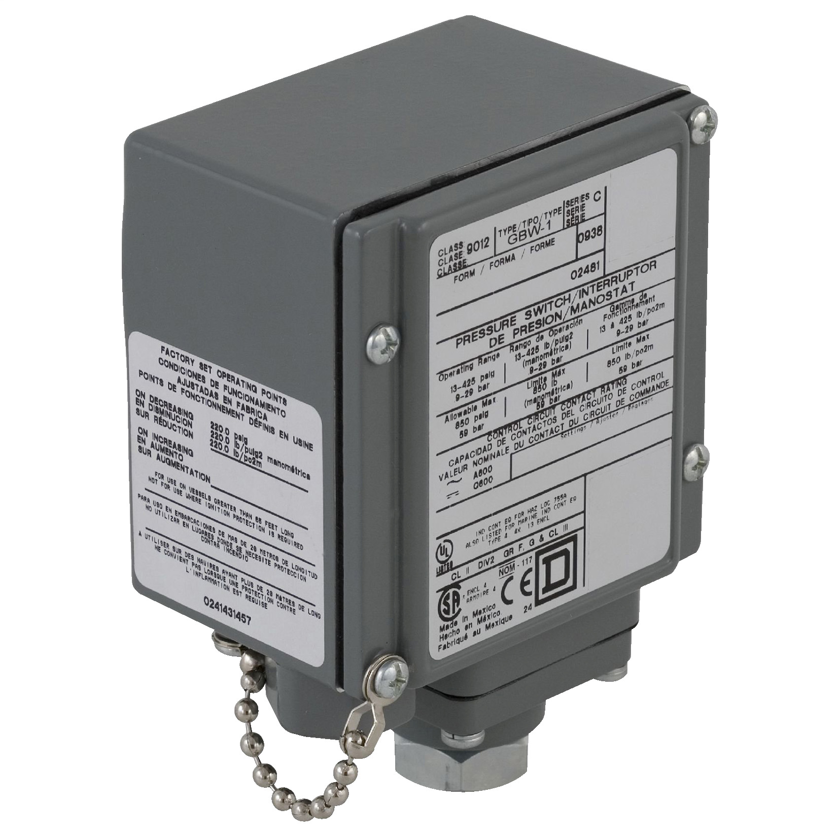 pressure switch 9012G - fixed scale - 2 thresholds - 13 to 425 psig