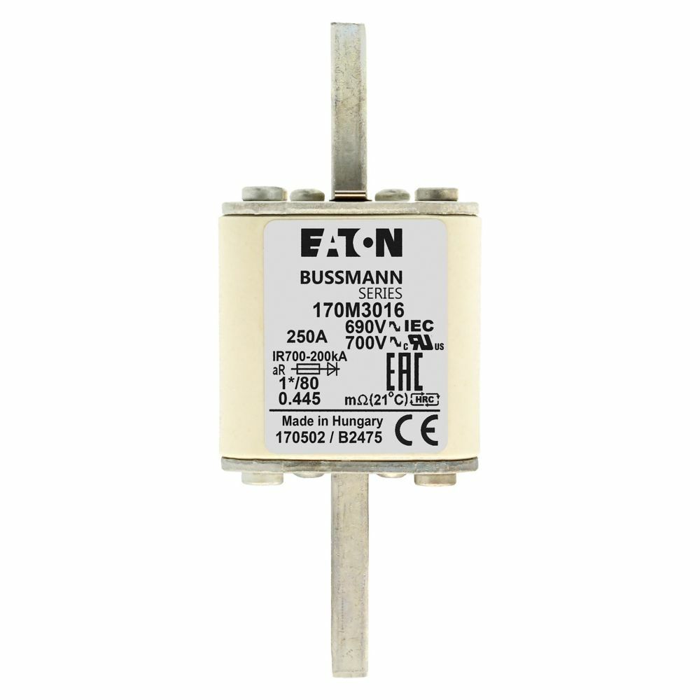 Eaton Bussmann series high speed square body fuse, 700V (UL), 690 V (IEC), 250A, 200 kAIC, Top fuse status indicator, Fuse, Blade end X blade end, Class aR, DIN 43 620