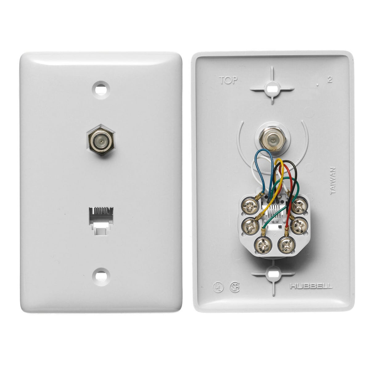 Plates, 1-Gang, Mid Sized, With F Connector, Jack, 6-Position 6-Conductor, White