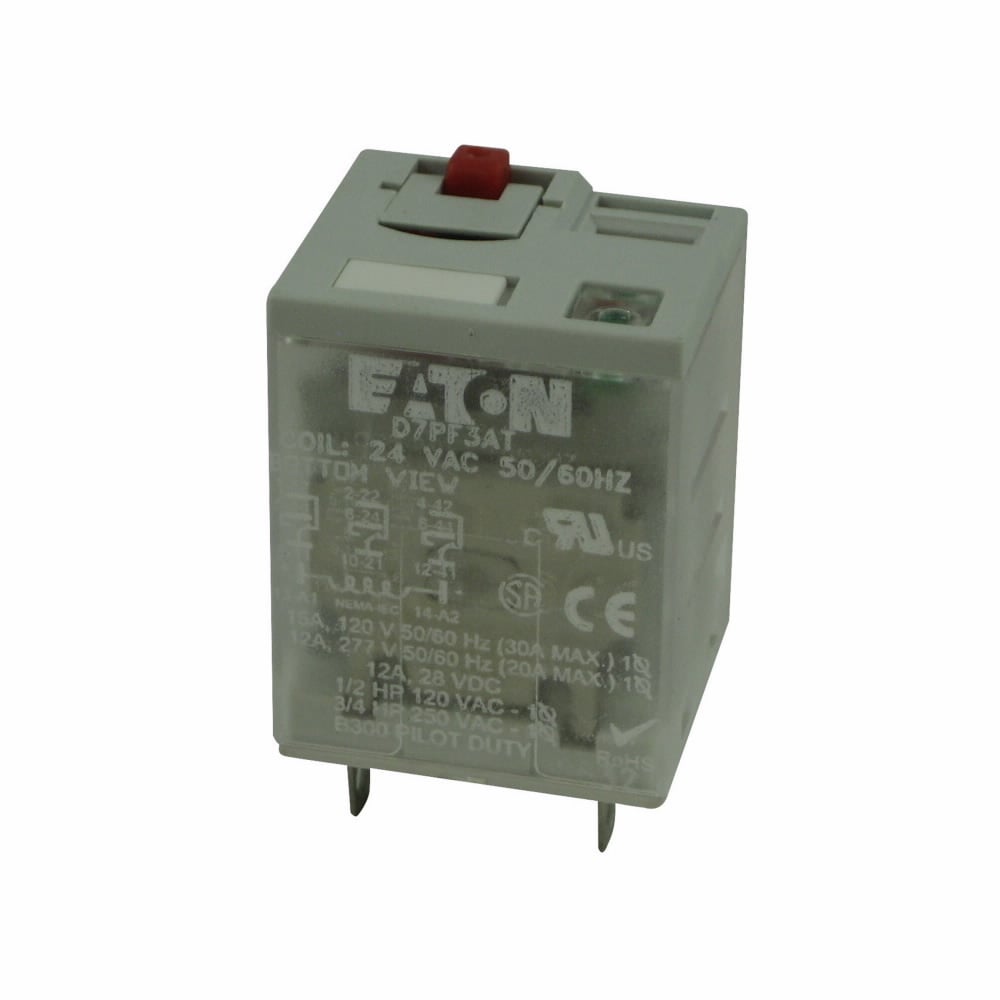 D7 Series General Purpose Plug-In Relay, Full featured cover, 24 Vdc coil, 400 Ohms resistance, Plug-in terminal, 3PDT contact configuration, 15A contact rating, Silver alloy contacts, IP40 enclosure_