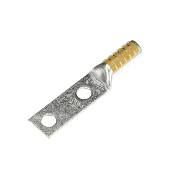 Type LCN Copper Two-Hole Lug, Long Barrel, Max 35kV, Wire Size 250 kcmil, 1/2 Inch Bolt Hole, Tin Plated, Die Color Code Yellow