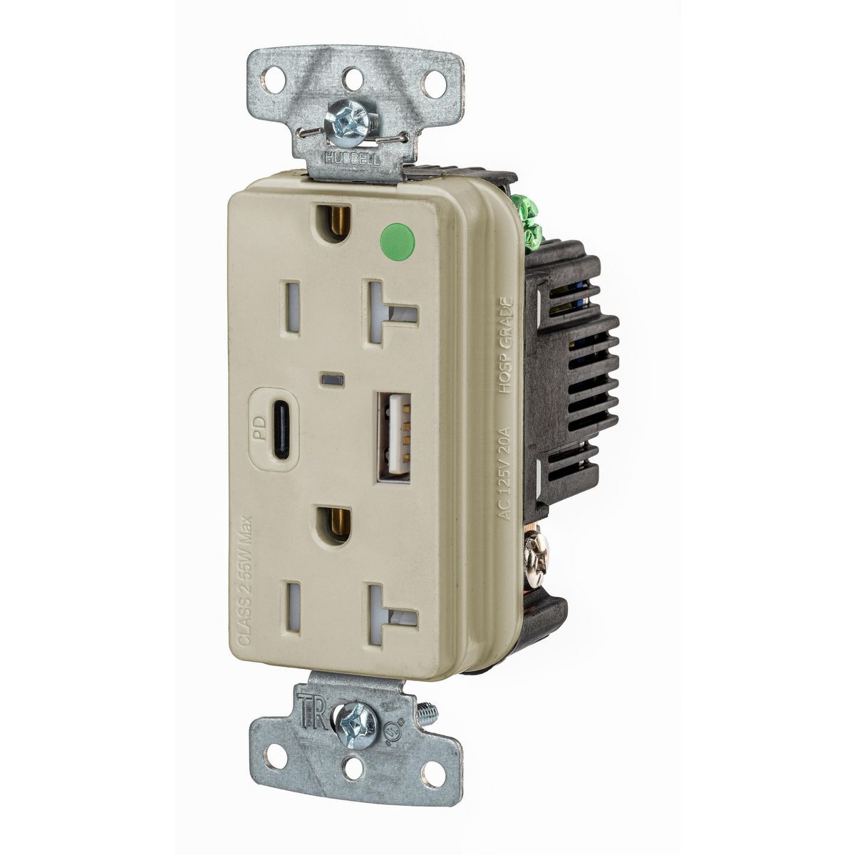 Tamper Resistant Hospital Grade Receptacle, 2-Pole 3-Wire Grounding, 1 Type "C" Power Delivery, 1 Type "A" Standard 5V