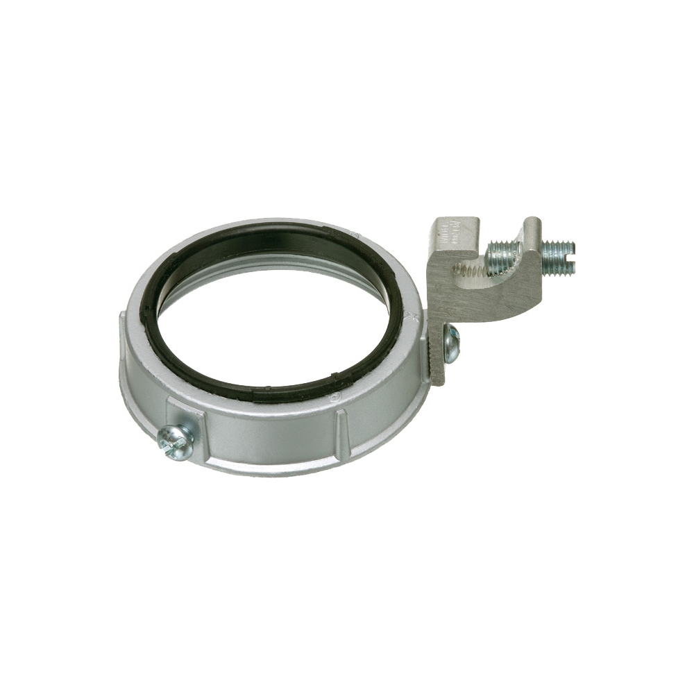 3-1/2" insulated metal grounding bushing. Threaded. C-clamp grounding lug is dual rated for copper and aluminum. Made of zinc die-cast, it is rated for 150 Degree C. Minimum size ground is 14 gauge and max wire size is 2/0 gauge.