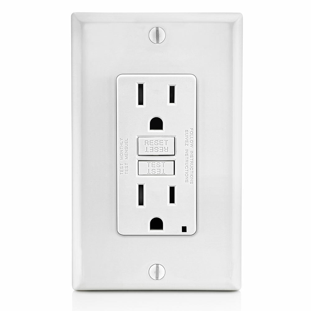 Self-Test Slim Tamper Resistant GFCI Receptacle, Nema 5-15R, 15A-125V @ Receptacle, 20A-125V Feed-through. With Mounting Screws, Washers, Instruction Sheets. Self-ground Clip And Nylon Wallplate. Nafta Version - White, With White Test And Reset Buttons