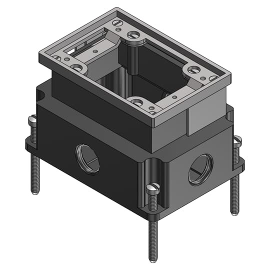 Single Gang Flush Service Floor Box, 35 Cubic Inches, Length 5-1/2 Inches, Width 4 Inches, Depth 3-5/8 Inches, 3/4 Inch Conduit Hubs, Aluminum