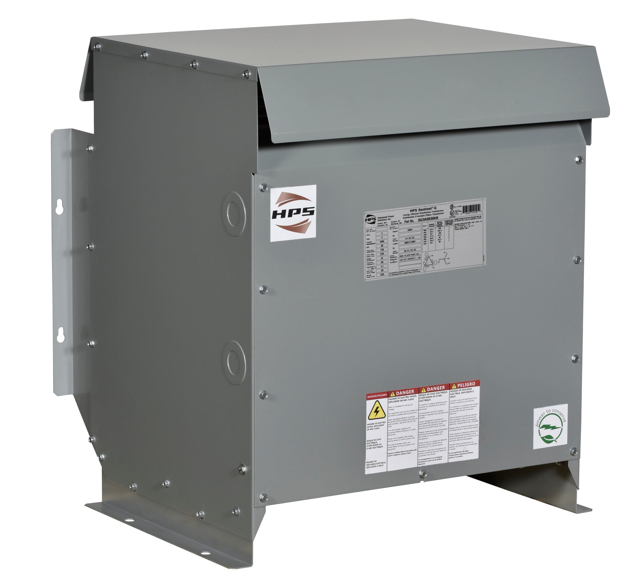 600V Class Three Phase DOE2016 and NRCan 2019 Compliant Energy Efficient Distribution Transformer, 480D PV, 208Y/120 SV, 30 kVA, 3PH, Aluminum Wound