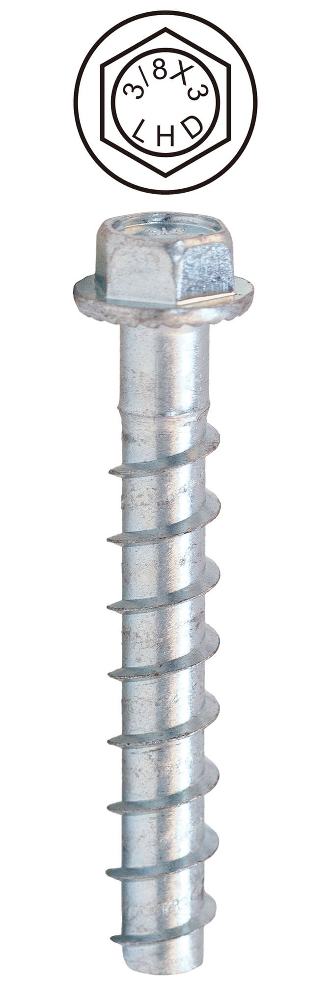 3/8'' x 3'' Hex Head Concrete Screw Bolt, Case Hardened Low Carbon Steel, Zinc Plated