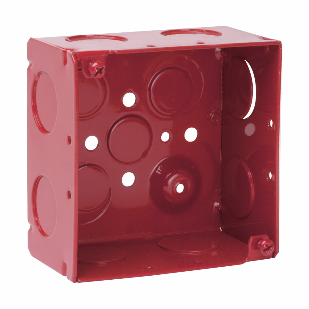 Eaton Crouse-Hinds series Square Outlet Box, (2) 1/2", (2) 1/2", (1) 3/4" E, 4", Red, Conduit (no clamps), Welded, 2-1/8", Steel, (8) 3/4", 30.3 cubic inch capacity