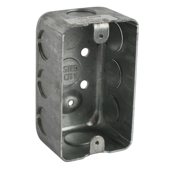 Single Gang Utility Box, 17 Cubic Inches, 4-1/8 Inches Long x 2-1/2 Inch Wide x 1-15/16 Inch Deep, 1/2 Inch Knockouts, Pre-Galvanized Steel, Drawn Construction, Factory-Provided Raised Ground Screw Location, For use with Conduit