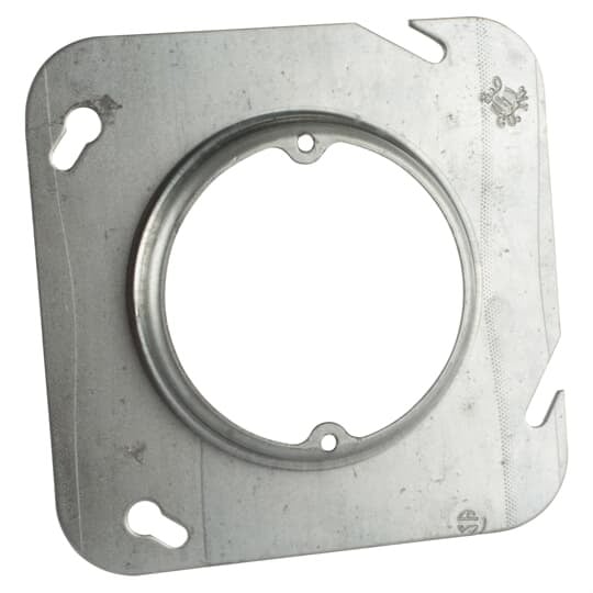 Square Box Cover, 3 Cubic Inches, 4-11/16 Inch Square x 1/2 Inch Raised, Pre-Galvanized Steel, Center Blanked with Tapped Ears on 2-23/32 Inch Centers