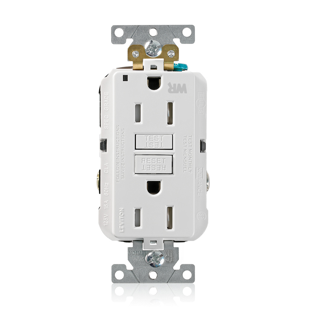 15 Amp, 125 Volt, SmartlockPro Self-Test GFCI Duplex Receptacle , NEMA 5-15R, 2P, 3W, Extra-Heavy Duty Industrial Grade, Weather & Tamper-Resistant, 20A Feed-Through, Back or Side Wired - WHITE