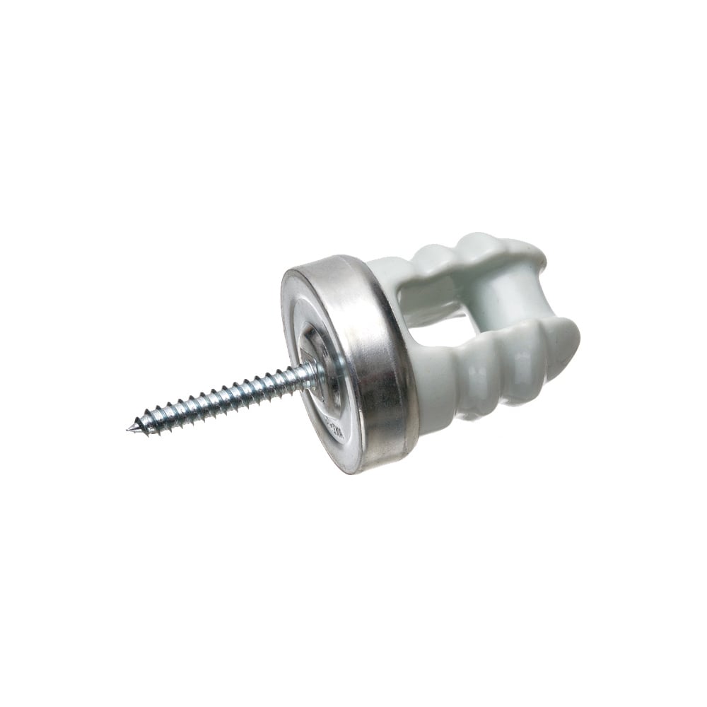 Porcelain and Galvanized Steel wire holder with riveted screw through head. Screw Size - 2-1/4 lag screw. Crimped