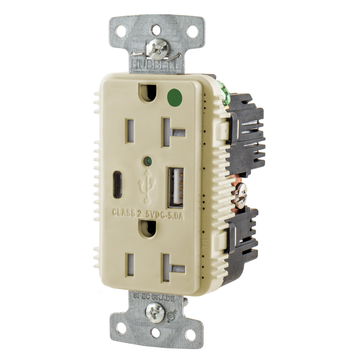 USB Charger Duplex Receptacle, HospitalGrade, 20A 125V, 2-Pole 3-Wire Grounding, 5-20R, 1) 5A "C" USB and "A"Ports, Ivory