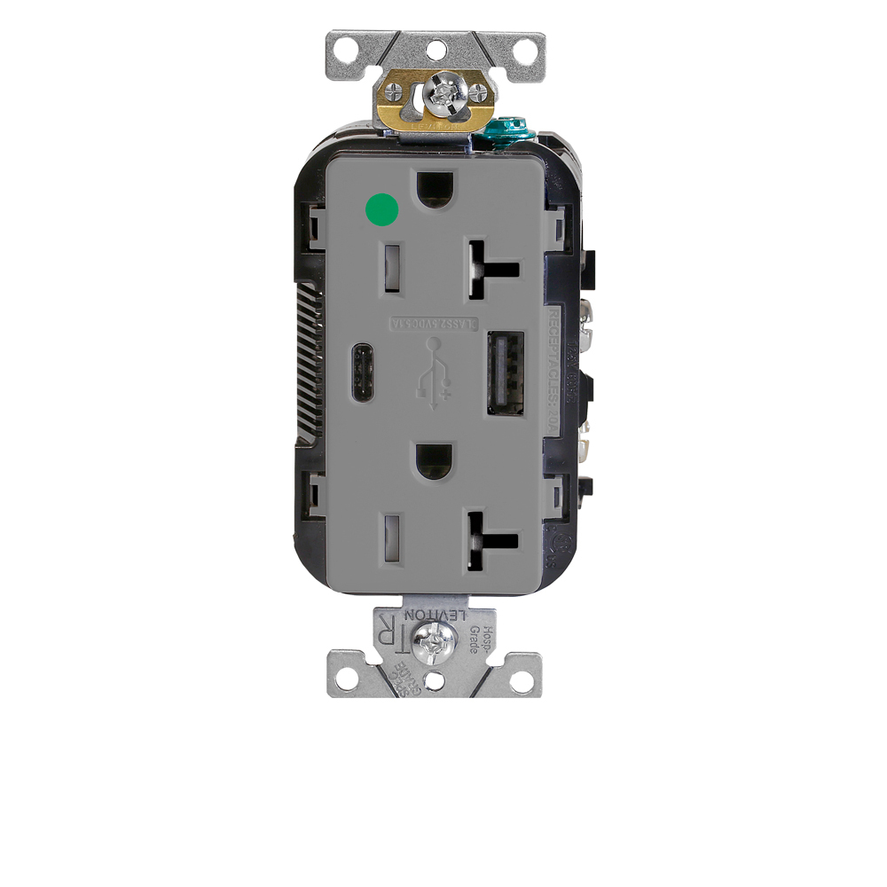 Decora Plus Duplex Receptacle Outlet, Heavy-Duty Hospital Grade, Tamper Resistant, with USB, One Type A  - One Type C USB Port (5.1 Amp), Smooth Face, 20 Amp, 125 Volt, Back and Side Wire, NEMA 5-20R, 2-Pole, 3-Wire, Self-Grounding - Gray