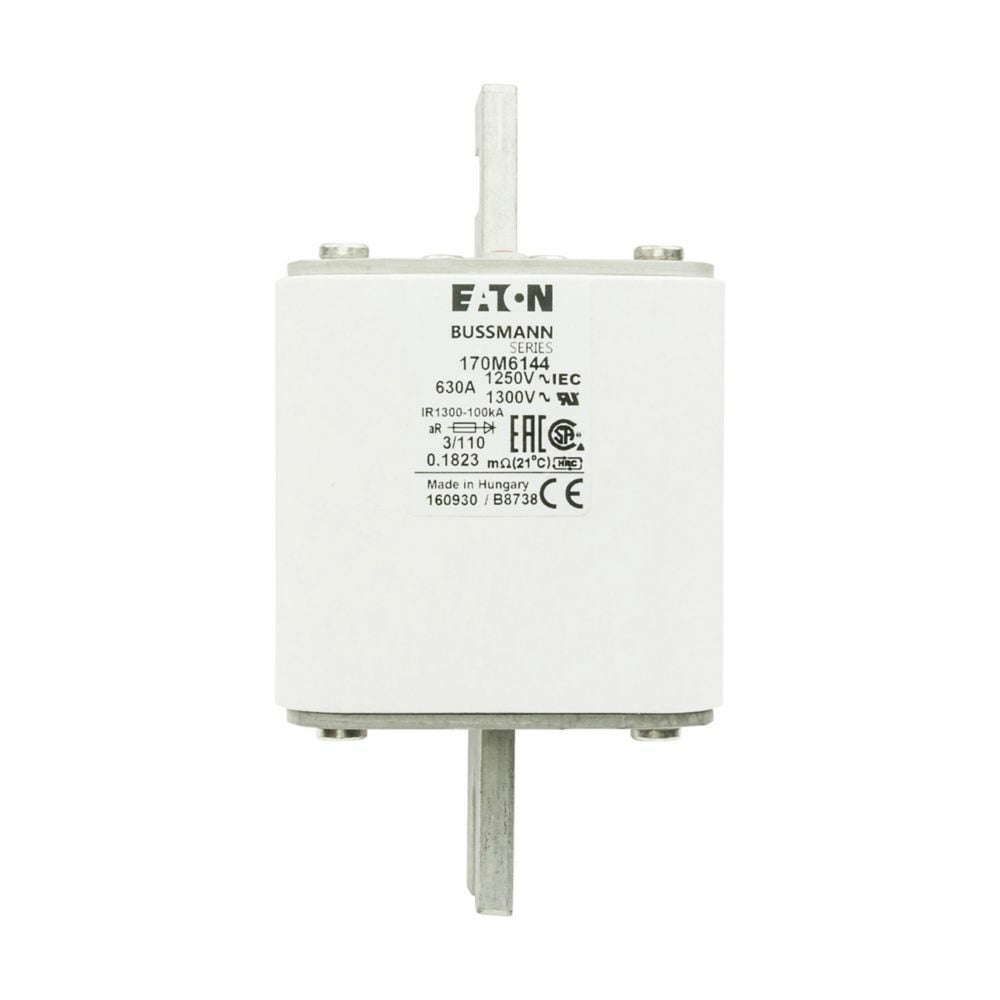 Eaton Bussmann series high speed square body fuse, 630A, 100 kAIC, Class aR, DIN 43 620, Standard, Clearing at 1000V: 495000 , Clearing at 1250V: 665000, square body with centre-bolted tags (slotted), Top fuse status indicator, 115W