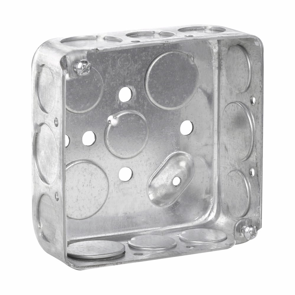 Eaton Crouse-Hinds series Square Outlet Box, (3) 1/2", (2) 3/4", 4", Conduit (no clamps), Drawn, 1-1/2", Steel, (8) 1/2", (4) 3/4", 22.0 cubic inch capacity