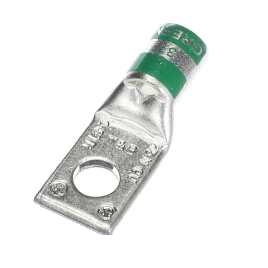 Copper One-Hole Lug, Standard Barrel, Peep Hole, Max 35kV, Wire Size #1 AWG, 5/16 Inch Bolt Size, Tin Plated, Die Code 37, Die Color Code Green